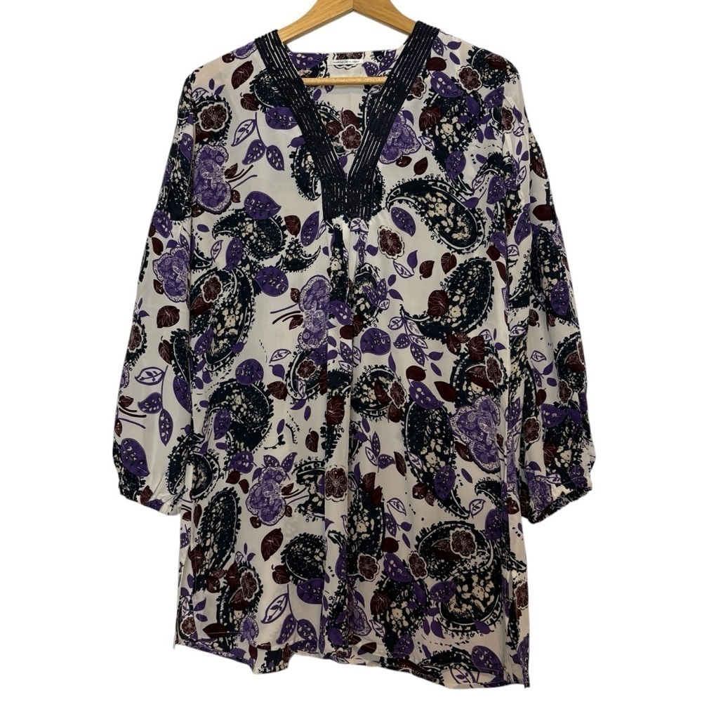Maryan Mehlhorn Swimwear Tunic Top 100 Silk Paisley Floral Beach Top Sequin Sz S